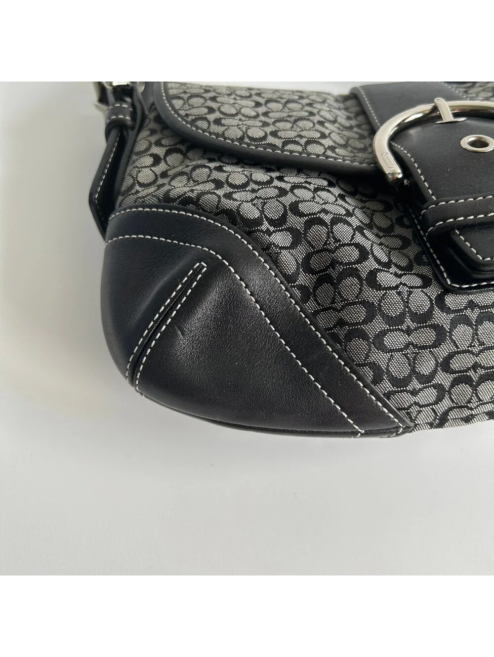 Coach Soho Black Grey Signature Monogram Shoulder Bag Leather Trim Buckle Purse